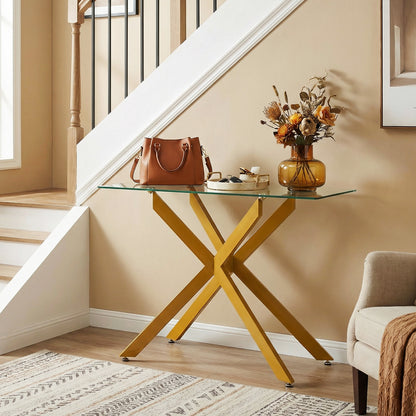 Modern Glass Console Table with Tempered Glass Top and Tubular Legs-Golden