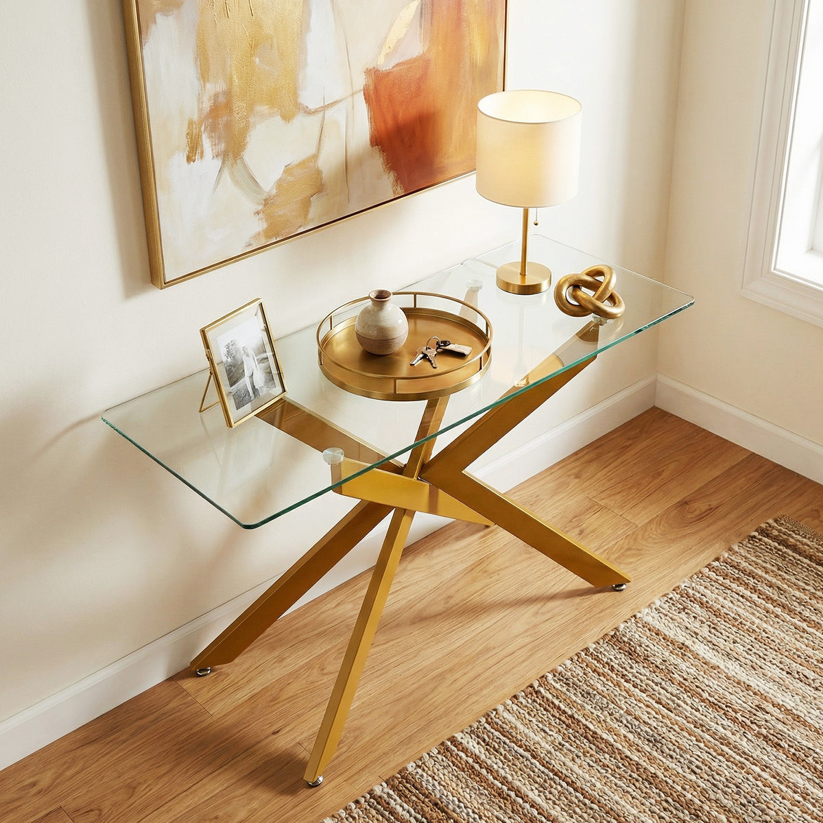 Modern Glass Console Table with Tempered Glass Top and Tubular Legs-Golden