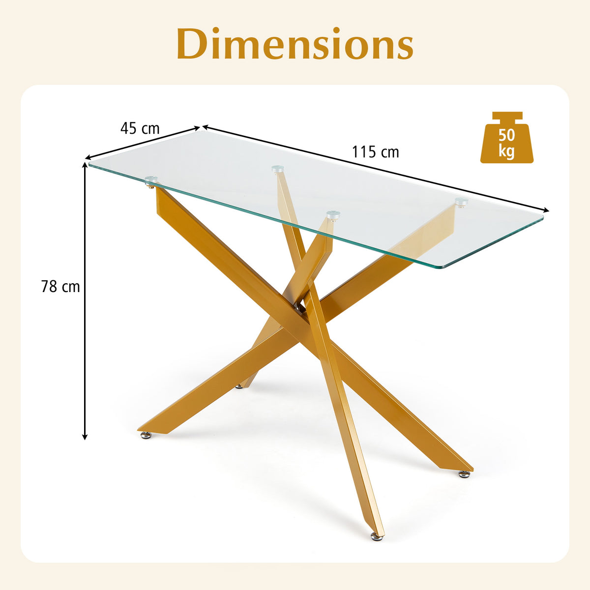 Modern Glass Console Table with Tempered Glass Top and Tubular Legs-Golden