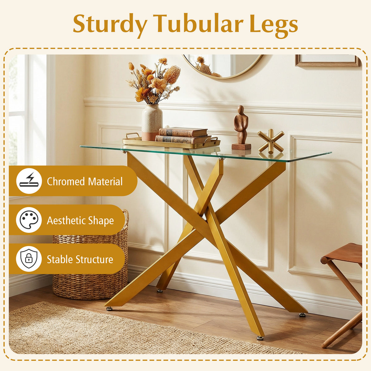 Modern Glass Console Table with Tempered Glass Top and Tubular Legs-Golden