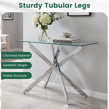 Modern Glass Console Table with Tempered Glass Top and Tubular Legs-Silver