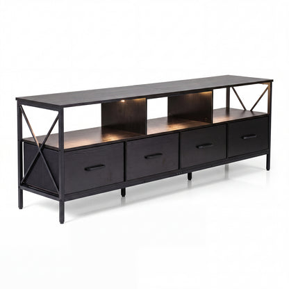 Modern LED Entertainment Center for 80" TVs with 4 Folding Fabric Drawers and Heavy-duty Metal-Black