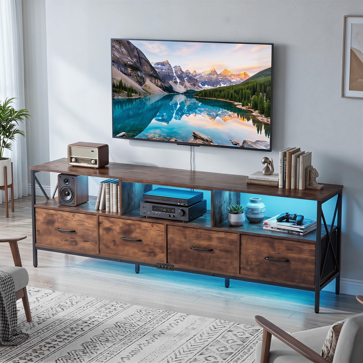Modern LED Entertainment Center for 80" TVs with 4 Folding Fabric Drawers and Heavy-duty Metal-Rustic Brown