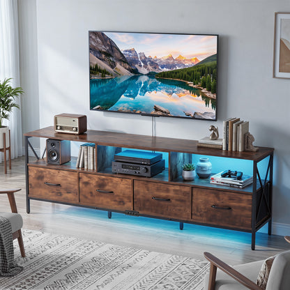 Modern LED Entertainment Center for 80" TVs with 4 Folding Fabric Drawers and Heavy-duty Metal-Rustic Brown