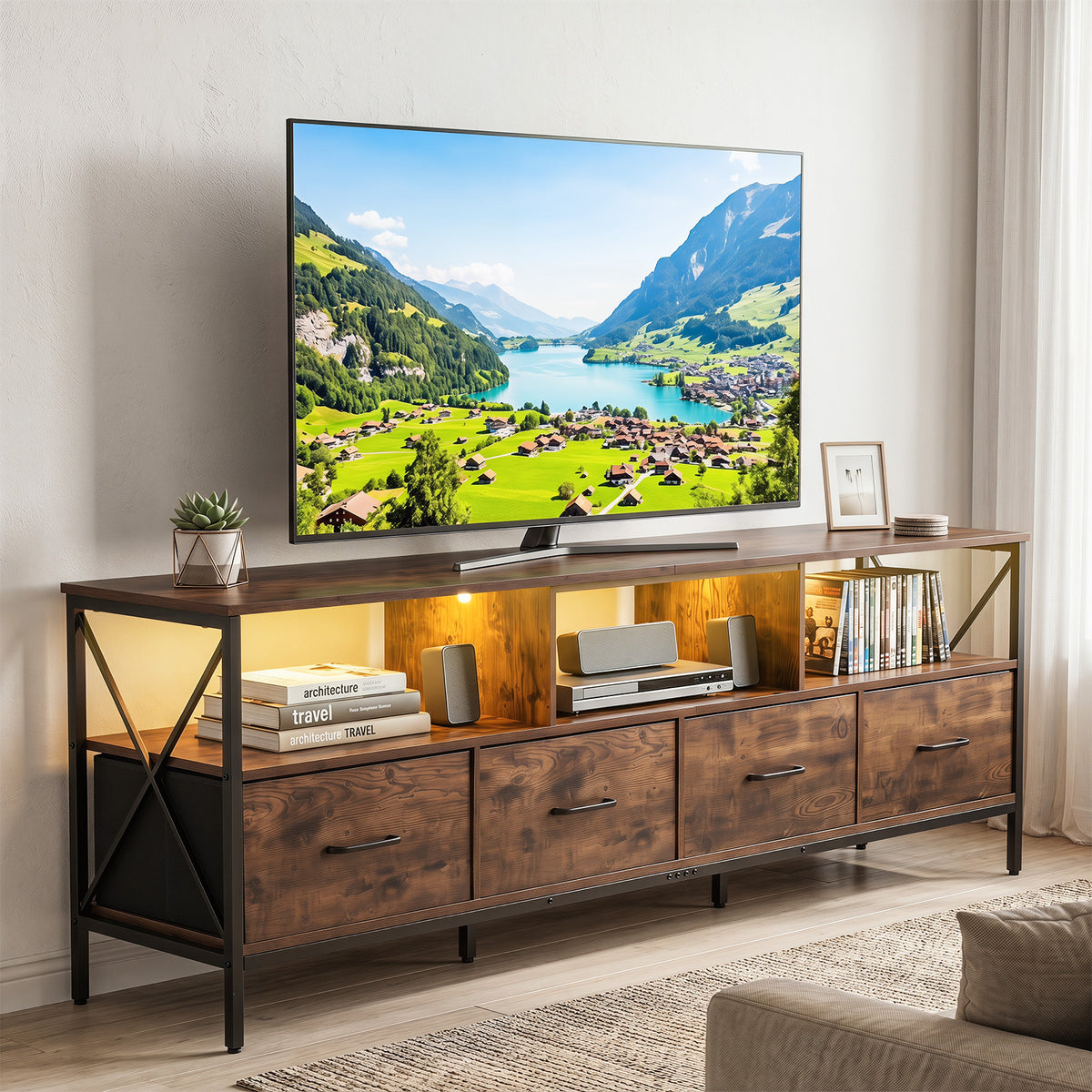 Modern LED Entertainment Center for 80" TVs with 4 Folding Fabric Drawers and Heavy-duty Metal-Rustic Brown