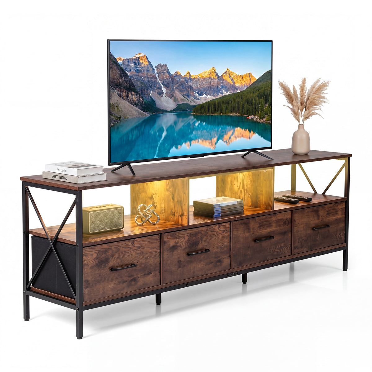 Modern LED Entertainment Center for 80" TVs with 4 Folding Fabric Drawers and Heavy-duty Metal-Rustic Brown