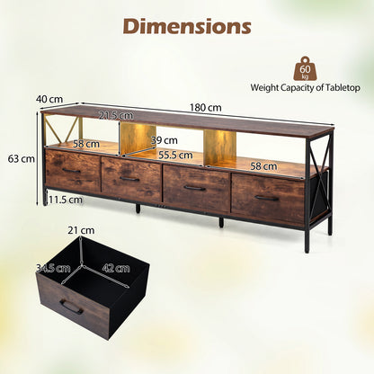 Modern LED Entertainment Center for 80" TVs with 4 Folding Fabric Drawers and Heavy-duty Metal-Rustic Brown