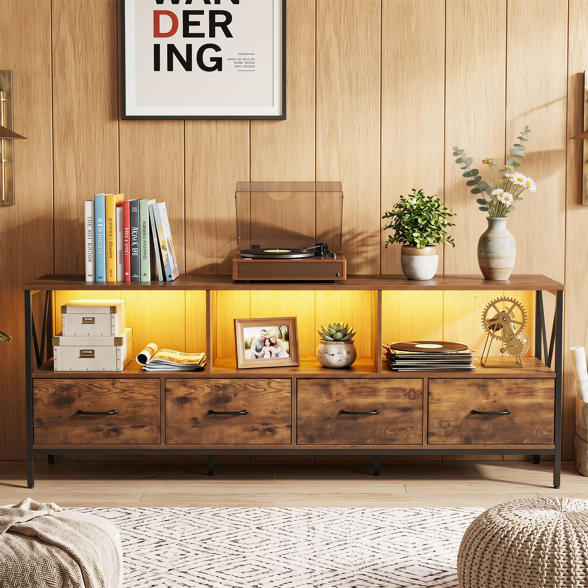 Modern LED Entertainment Center for 80" TVs with 4 Folding Fabric Drawers and Heavy-duty Metal-Rustic Brown