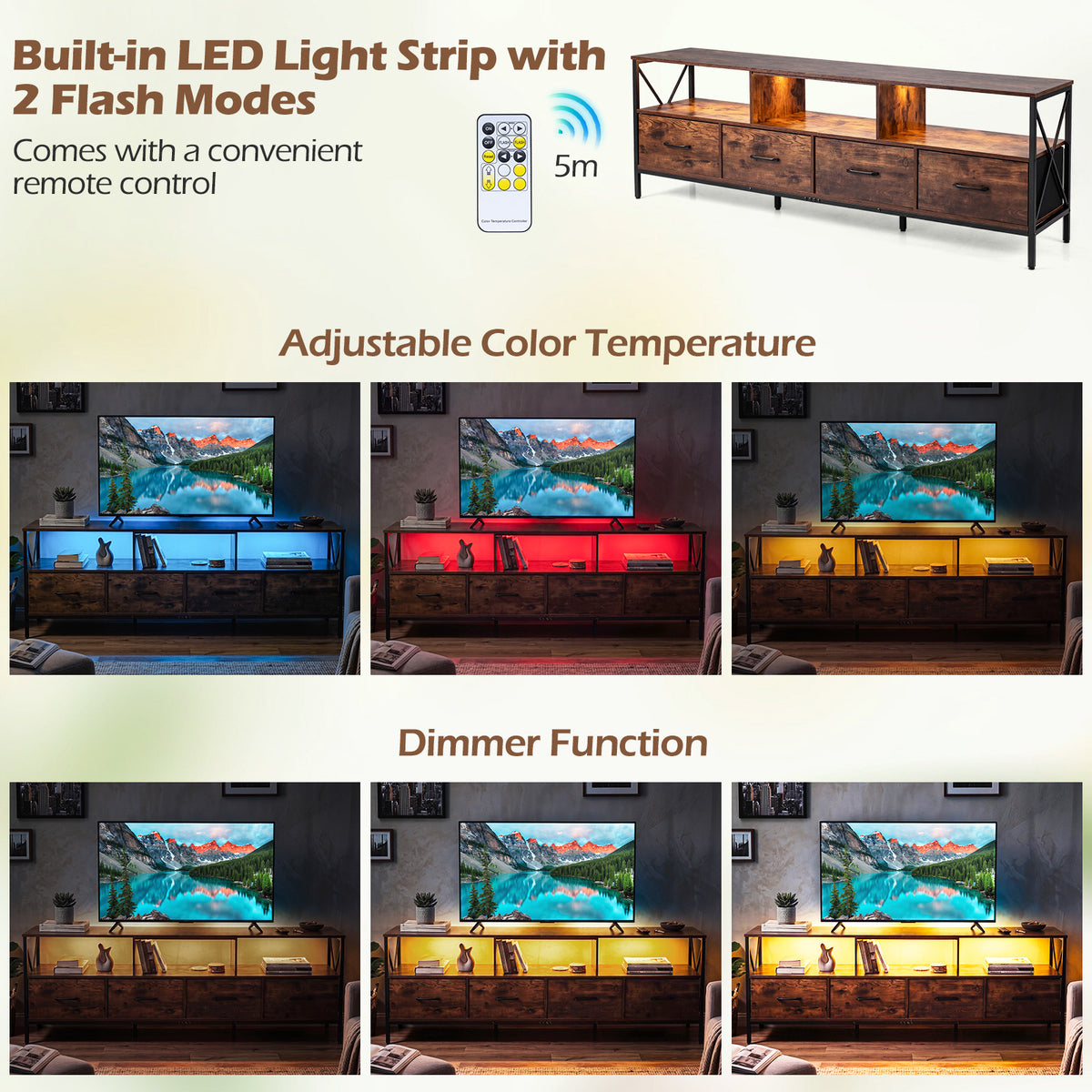 Modern LED Entertainment Center for 80" TVs with 4 Folding Fabric Drawers and Heavy-duty Metal-Rustic Brown