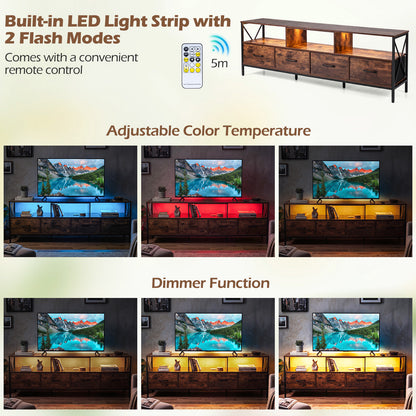 Modern LED Entertainment Center for 80" TVs with 4 Folding Fabric Drawers and Heavy-duty Metal-Rustic Brown