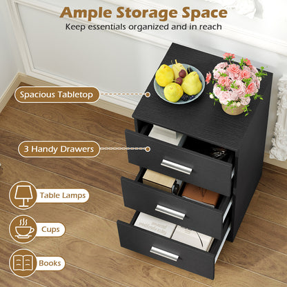 Modern Nightstand End Table with 3 Storage Drawers 2 Anti-tip Kits-Black