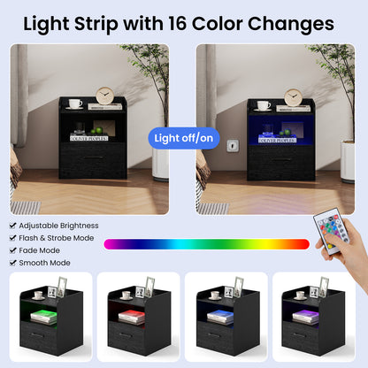 Modern Nightstand with Drawer & Open Shelf and Colorful Light Strip for Bedroom-Black