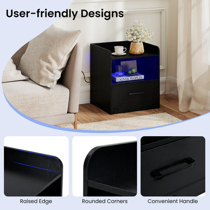 Modern Nightstand with Drawer & Open Shelf and Colorful Light Strip for Bedroom-Black