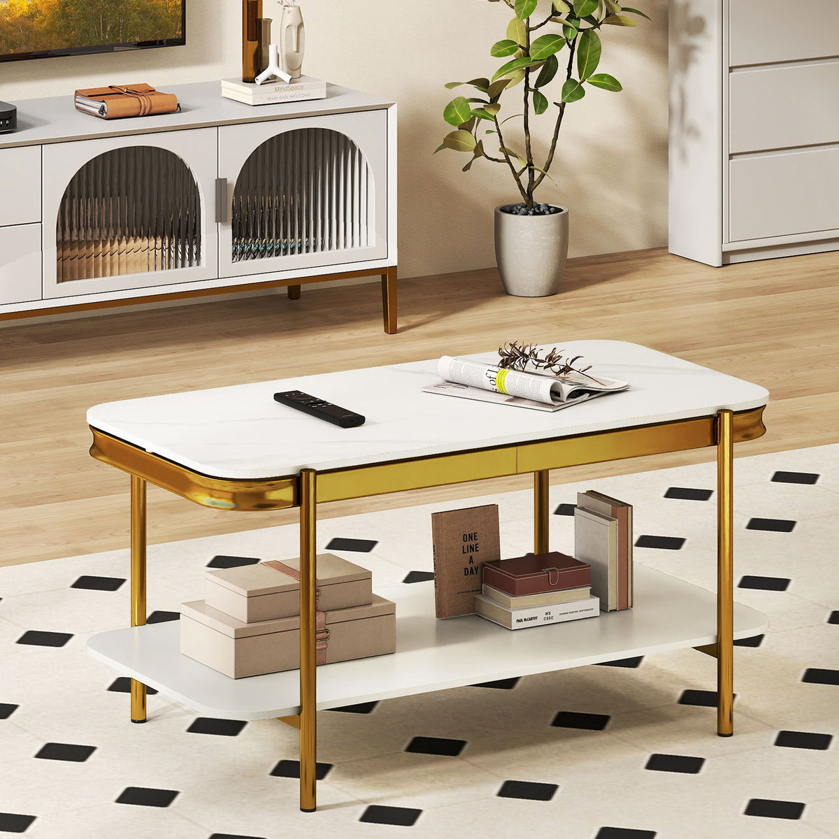 Modern Rectangular Coffee Table 2-Tier Center Table-White