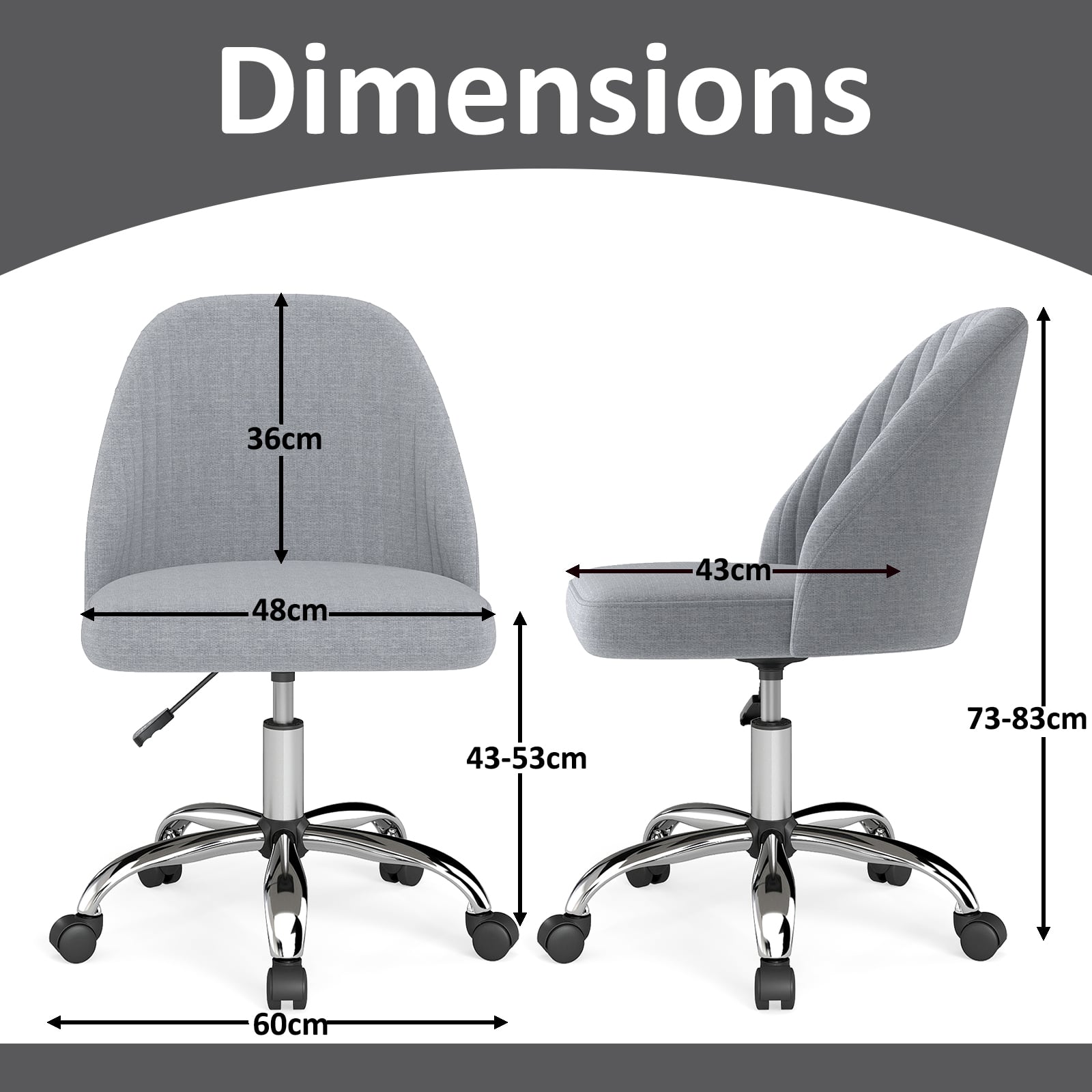 Modern Armless Office Chair with Curved Backrest and Upholstered Seat-Grey