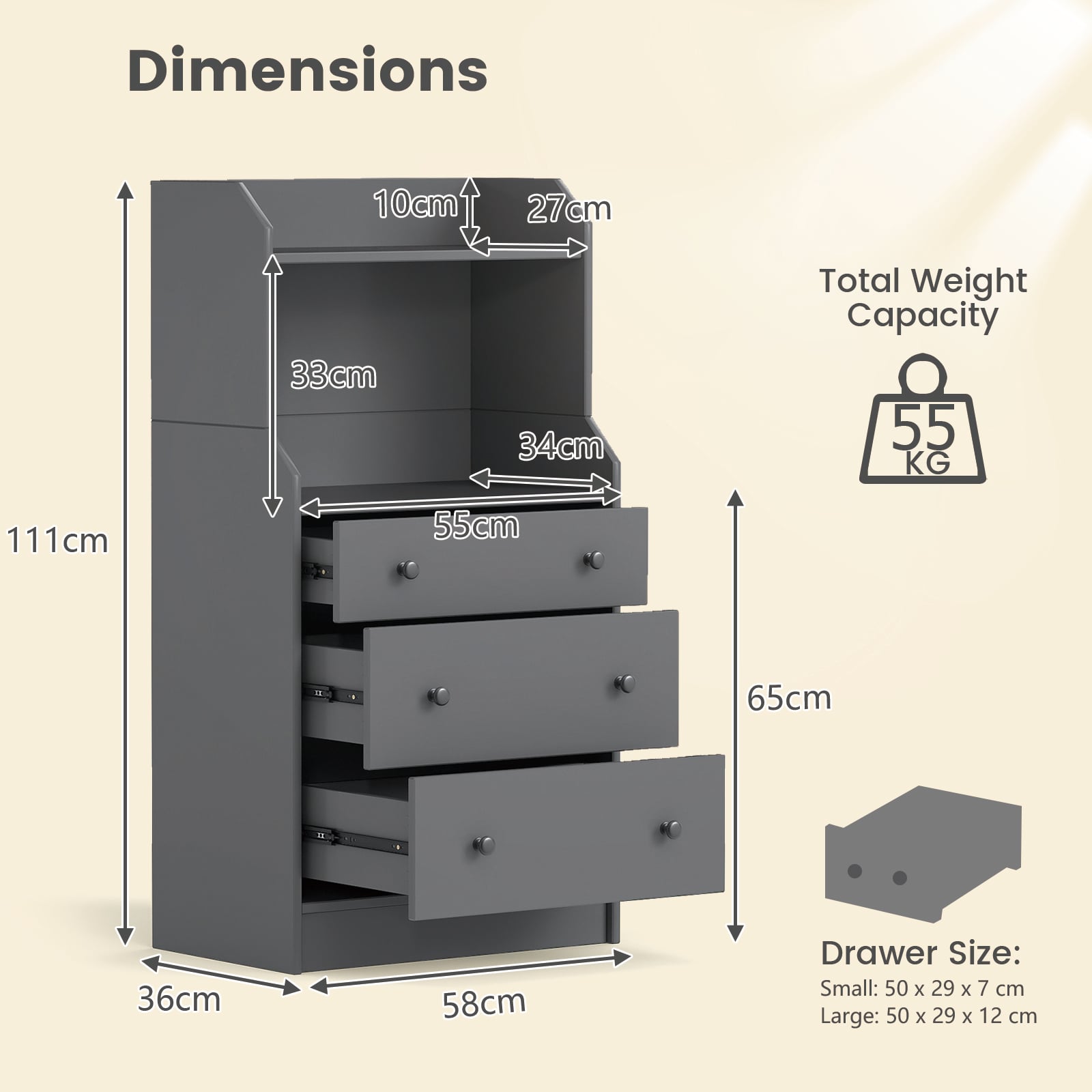 Modern Chest of Drawers Dresser with Shelves-Grey