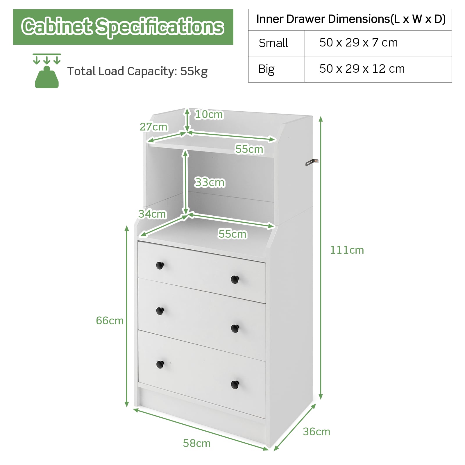 Modern Chest of Drawers Dresser with Shelves-White