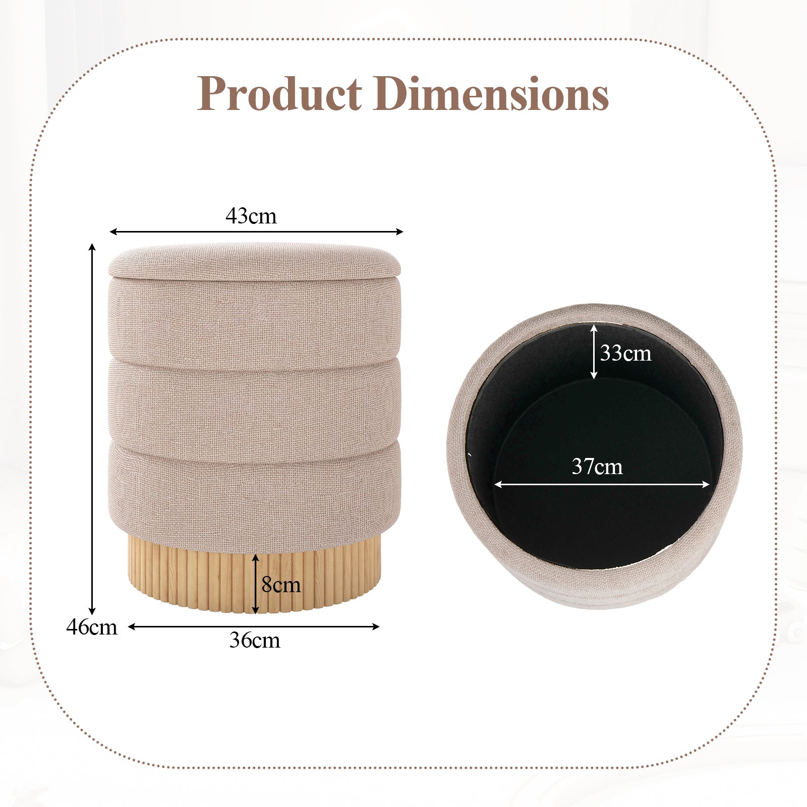 Modern Round Storage Ottoman with Removable Lid and Solid Wood Base-Beige