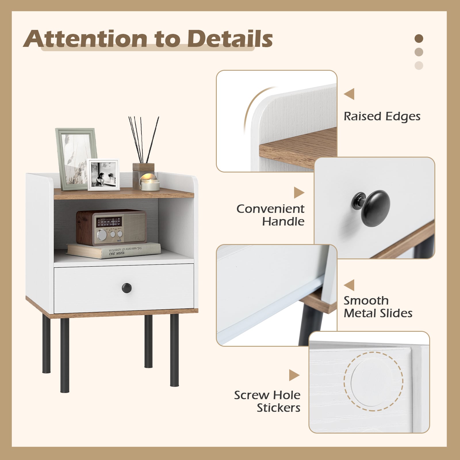 Modern Sofa Side Table with Drawer and Metal Legs for Small Spaces-White-1 Piece