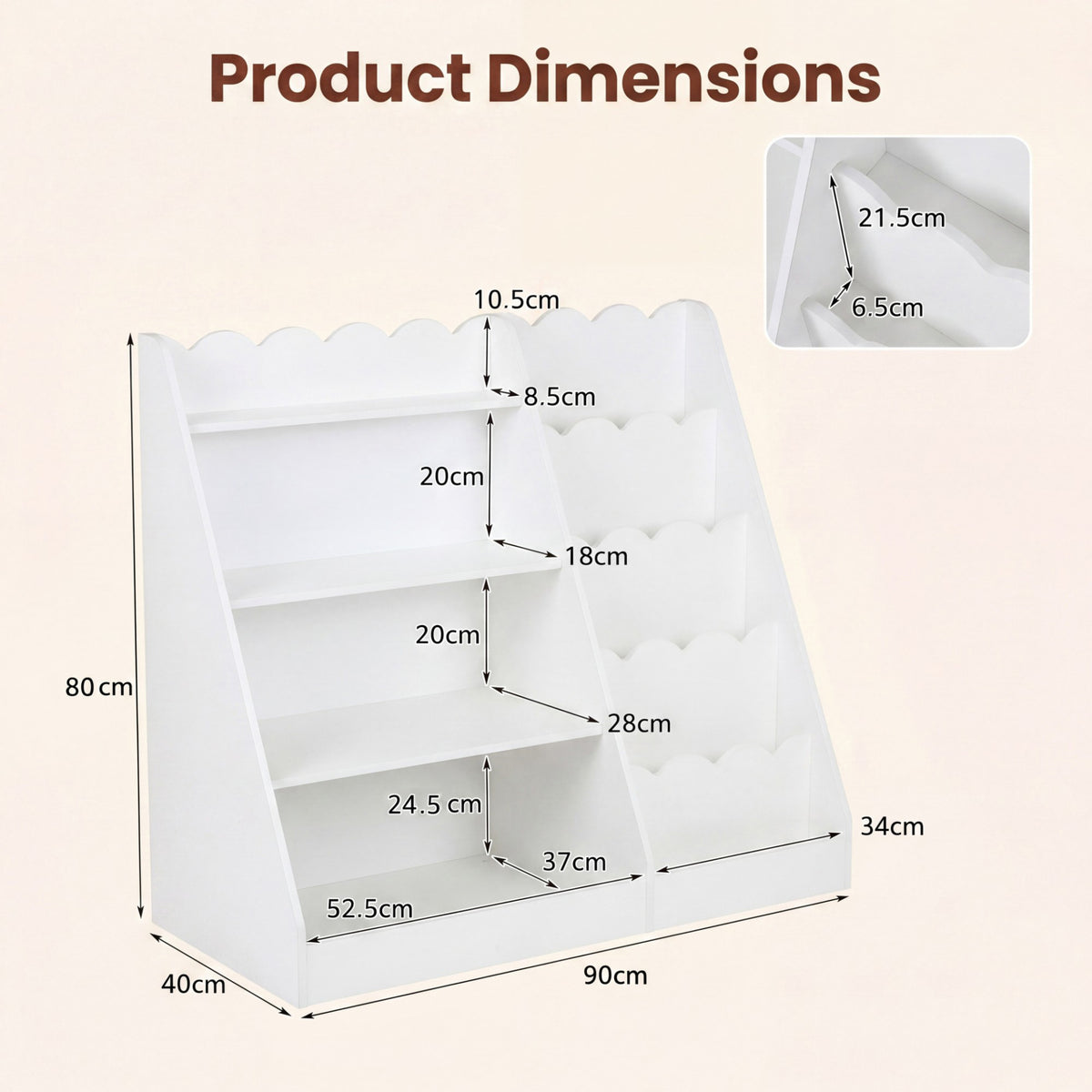 Dimensions diagram for the white kids bookshelf