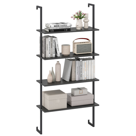 4-Tier Wall-Mounted Bookshelf with Metal Frame for Living Room-Black