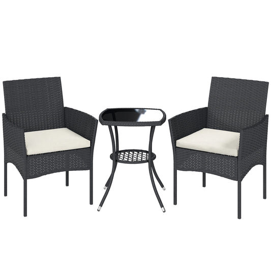 Outsunny 3 Piece Rattan Bistro Set, PE Wicker Garden Furniture Conversation Set with 2 Tier Glass-Top Table, Chairs, Cream White