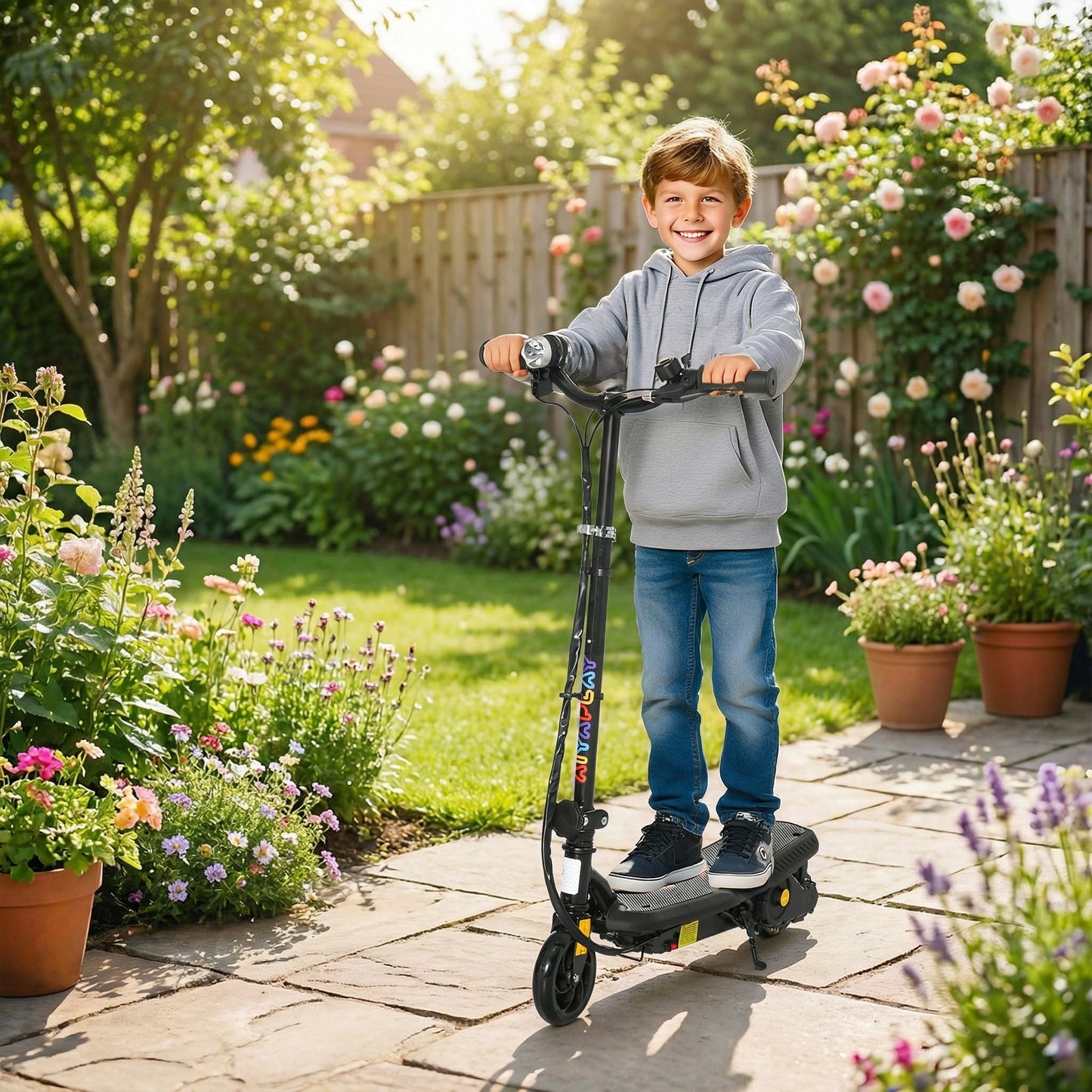HOMCOM Foldable Electric Scooter, with LED Lights, for Ages 7-14 Years, Black