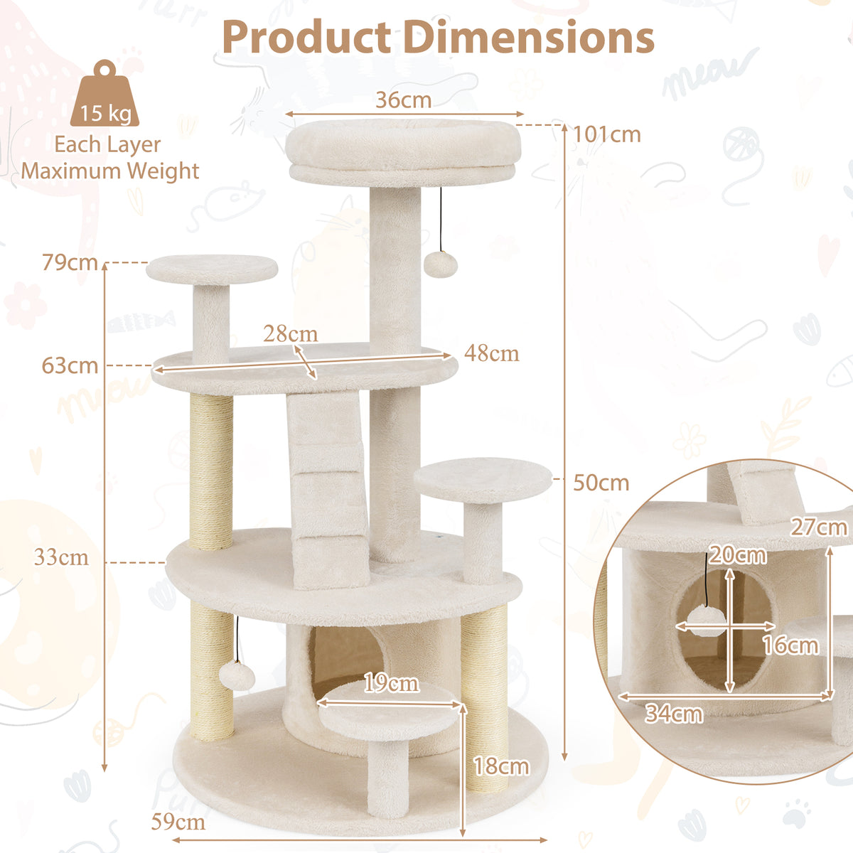 Multi-level Kitty Tower with Padded Perch and Scratching Posts-Beige