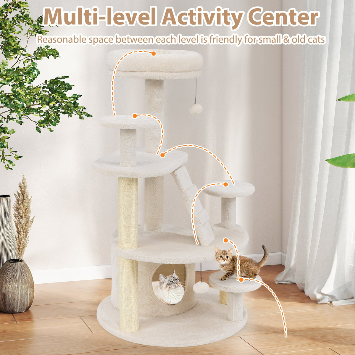 Multi-level Kitty Tower with Padded Perch and Scratching Posts-Beige