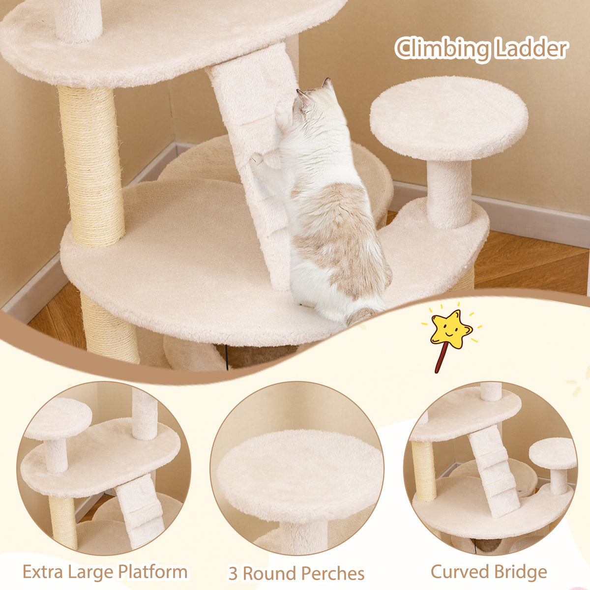 Multi-level Kitty Tower with Padded Perch and Scratching Posts-Beige