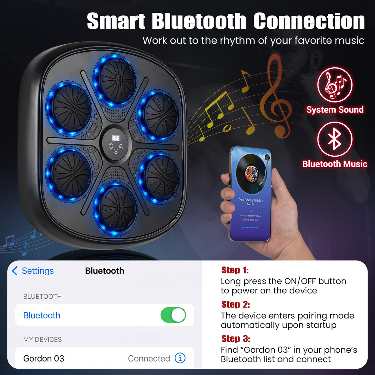 Music Boxing Machine with Gloves and LED Light Targets and Punch Counter