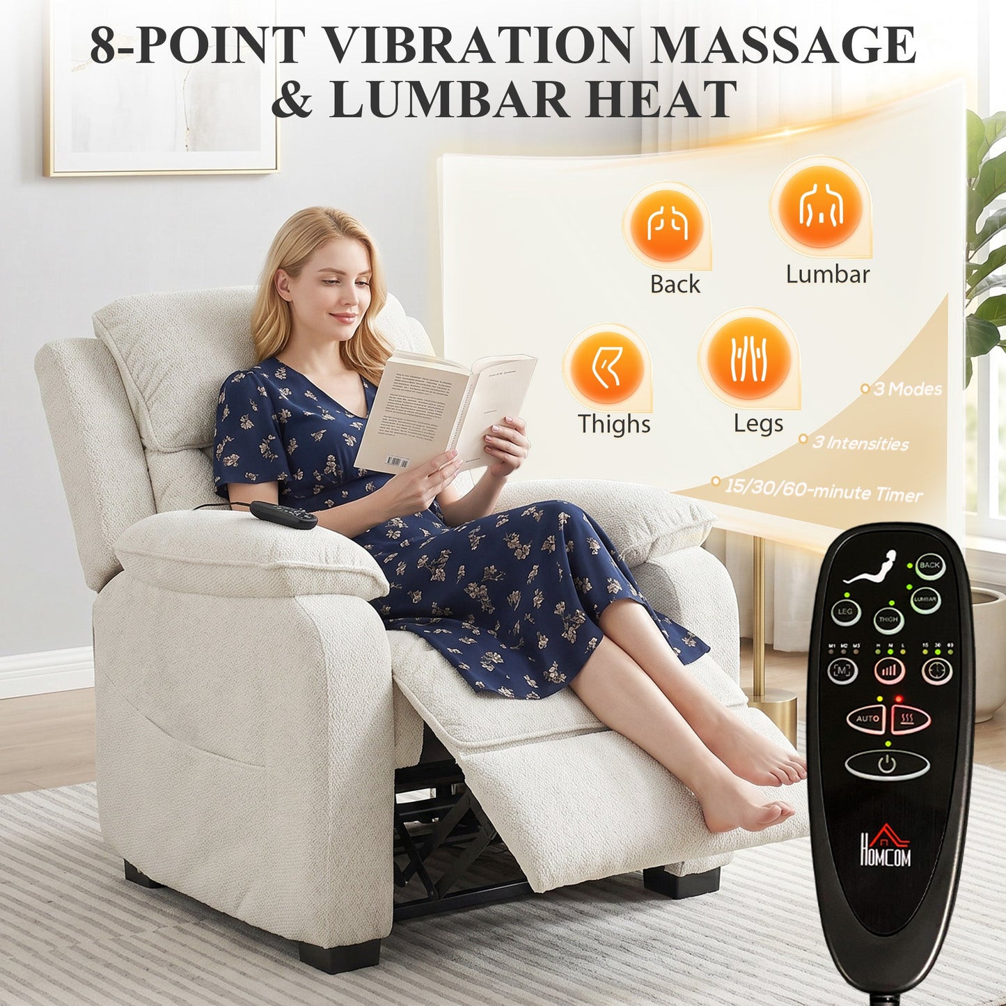 HOMCOM Power Recliner Armchair with Massage and Heat, Electric Reclining Chair with Wide Spring Seat, Cream White