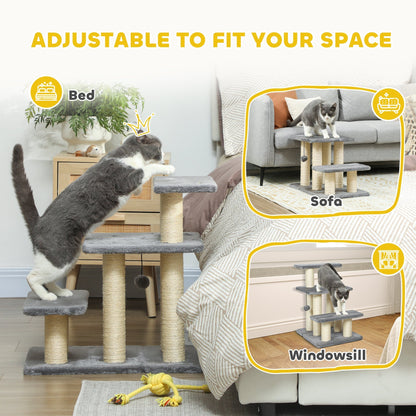PawHut Dog Steps for Bed, 3 Step Adjustable Pet Stairs for Sofa with 6 Sisal Scratching Posts for Small Dogs & Cats, Grey