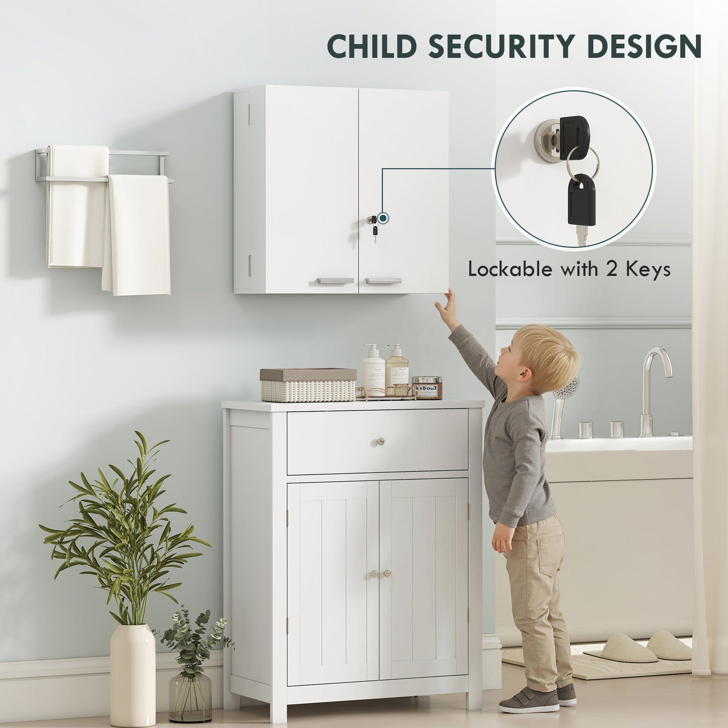 HOMCOM Wall Mount Medicine Cabinet with Key Lock, 3 Tier First Aid Cabinet with 2 Doors and 11 Storage Compartments, White