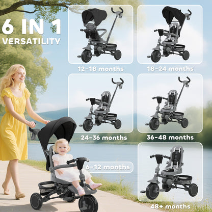 AIYAPLAY 6 in 1 Foldable Kids Trike with Adjustable Parent Handle & Canopy for Ages 1-5, Black