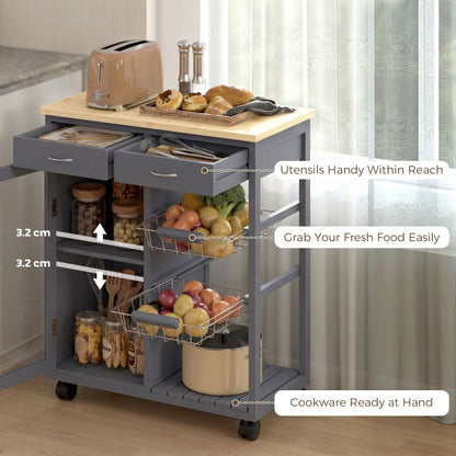 HOMCOM Bamboo Kitchen Island, Rolling Kitchen Trolley with Glass Door, 2 Metal Wire Baskets and Adjustable Shelf, Grey