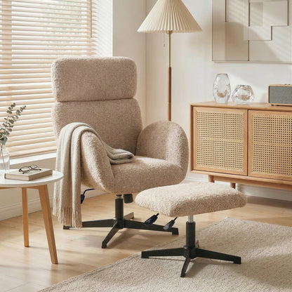 HOMCOM Swivel Armchair and Footstool Set, Height Adjustable Accent Chair with Adjustable Headrest, Rocking Function, Light Brown