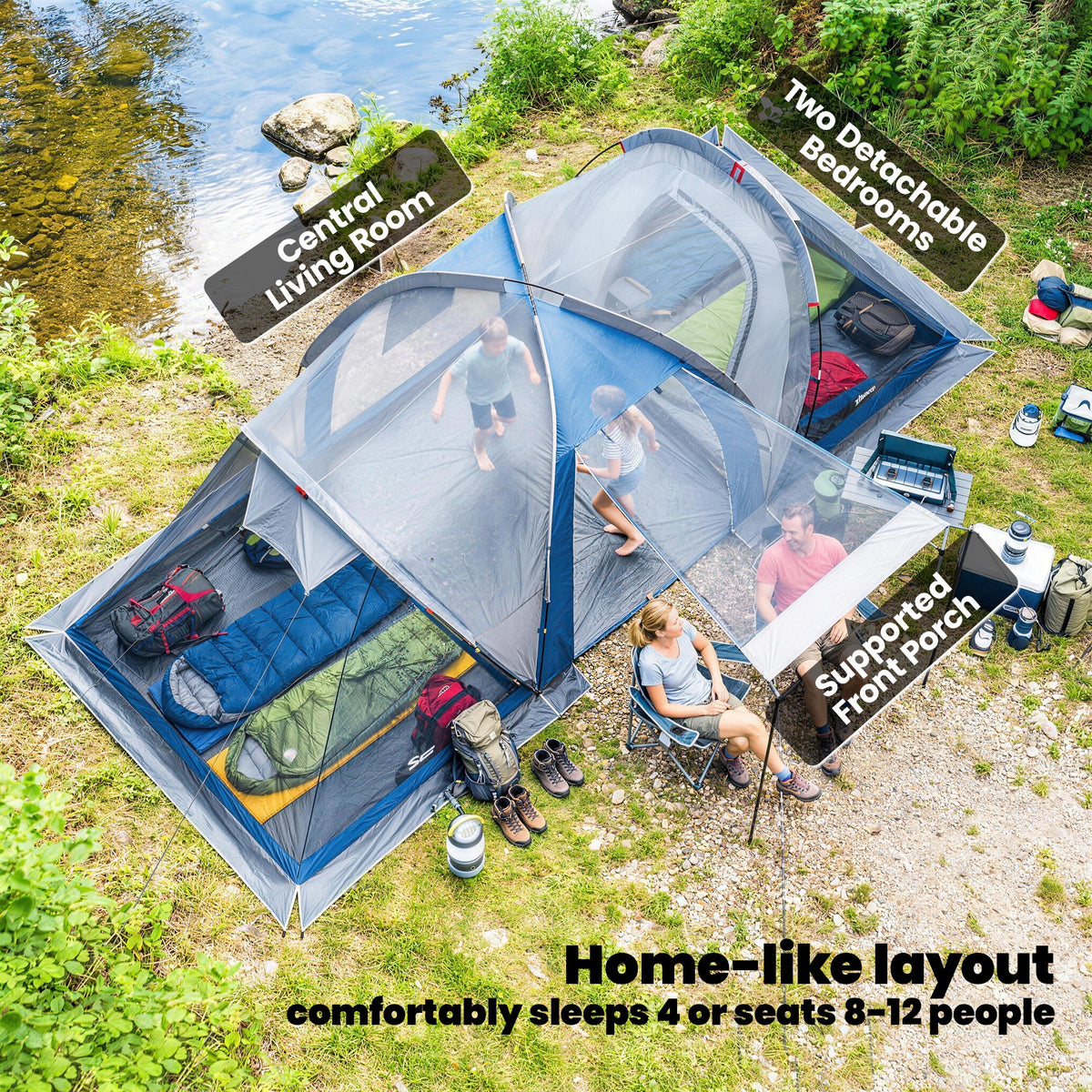 Outsunny Family Camping Tent in Navy Blue and Light Grey