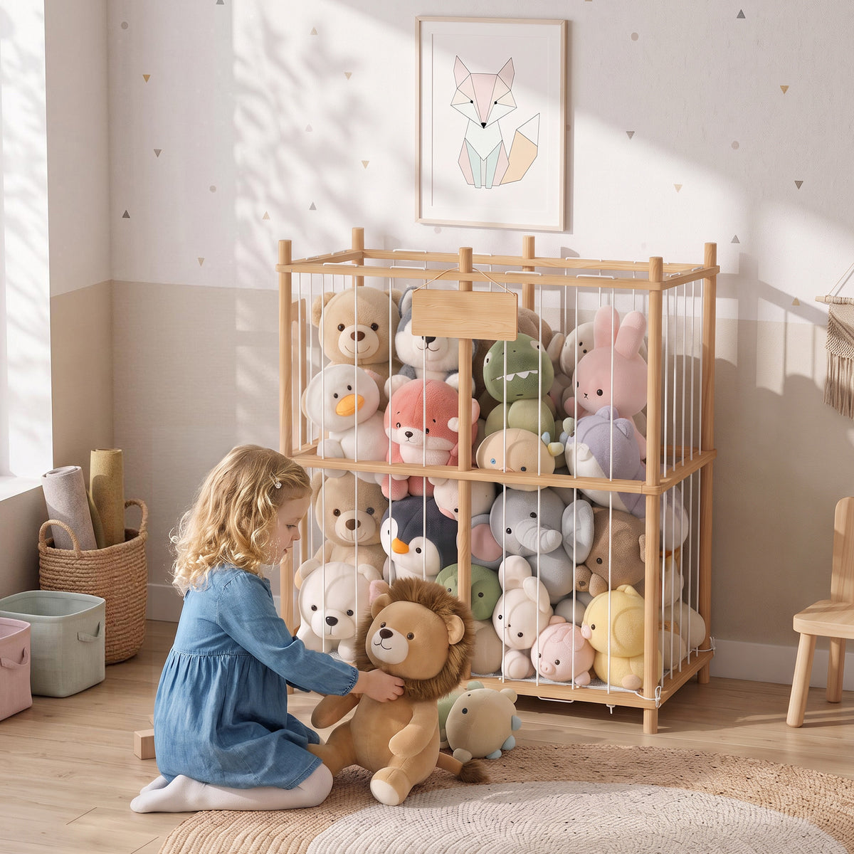AIYAPLAY Stuffed Animal Storage Organiser, Wooden Storage Zoo with Rounded Corners for Nursery, Kids Room, Playroom, Natural