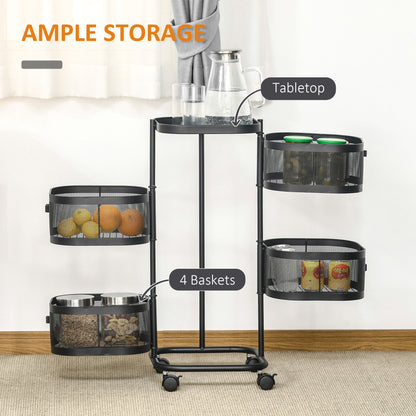 HOMCOM Metal Storage Cart, 4-Tier Storage Trolley on Wheels with 4 Mesh Baskets and Top Tray, Black