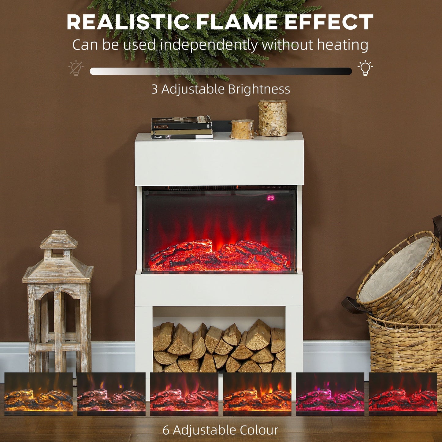 HOMCOM 19" Electric Fireplace with Surround, 3D Flame Effect, 6 Colours & 3 Brightness Levels, 1000W/2000W White Electric Fire and Mantel Reach up to 30㎡ Space with Remote & Timer, 3 Sided View