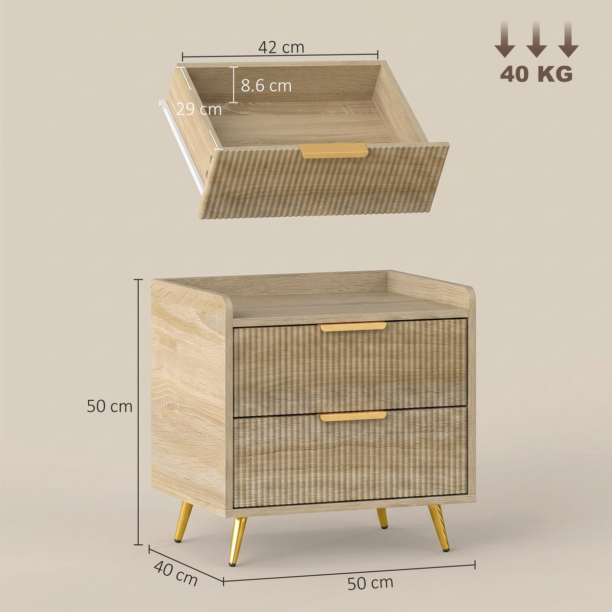 HOMCOM Bedside Table with 2 Drawers in a Natural Wood Finish
