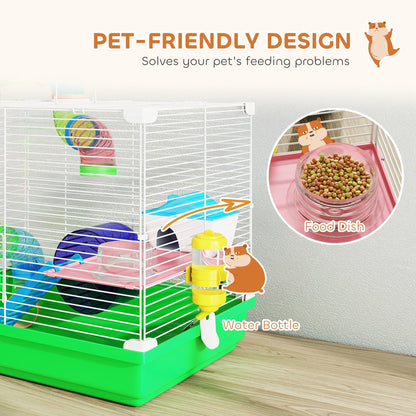 PawHut 2 Tier Hamster Cage, Gerbil Cage with Handle, Exercise Wheels, Tunnel, Water Bottle, Dishes, Ladder, for Dwarf