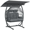 Outsunny Double Hanging Egg Chair with Canopy, Rattan Garden Egg Swing Chair with Cushion, Stand for Indoor Outdoor, Dark Grey