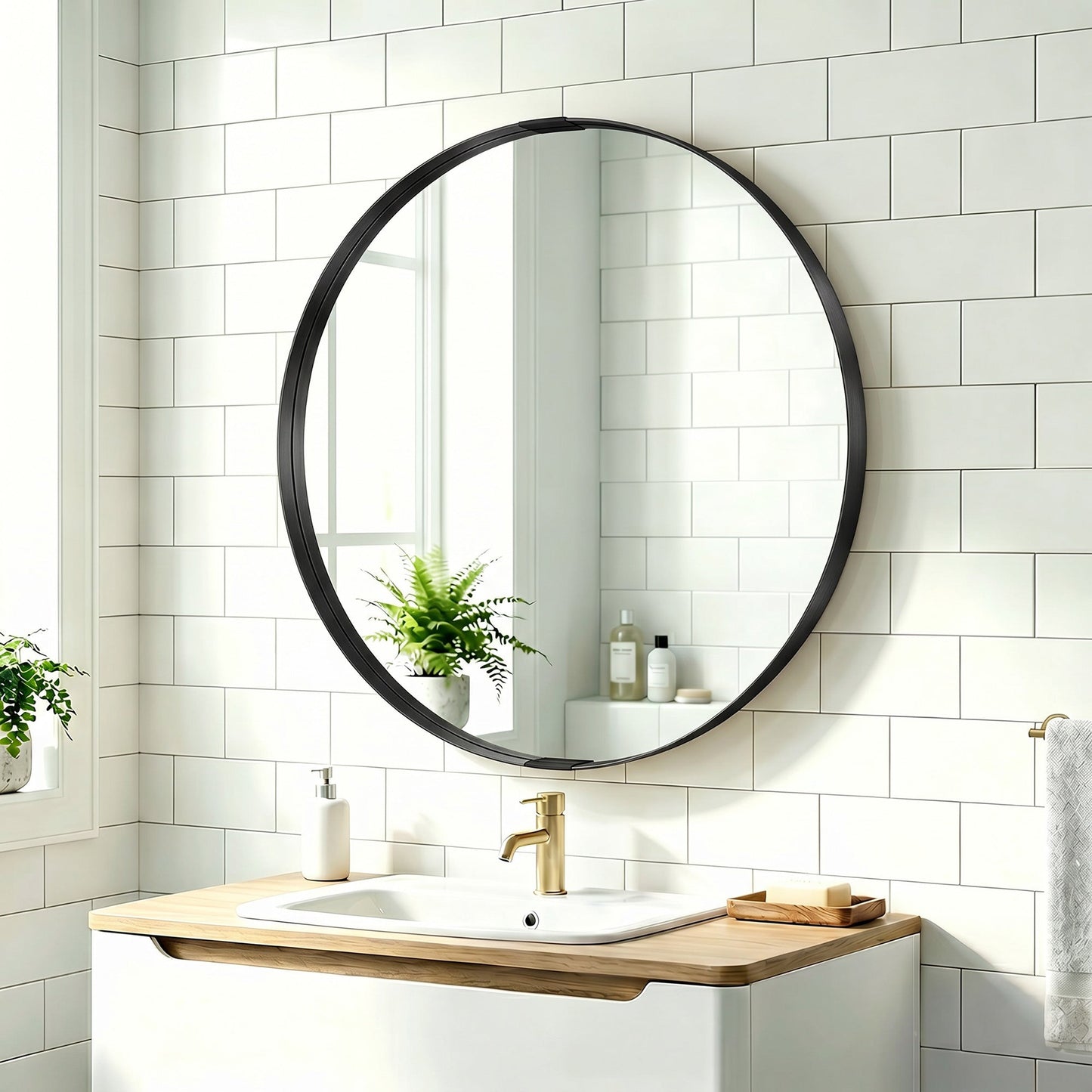 HOMCOM Round Wall Mirror 61 cm, Wall Mounted Bathroom Mirror with Tempered Safety Glass and Aluminium Alloy Frame, Black