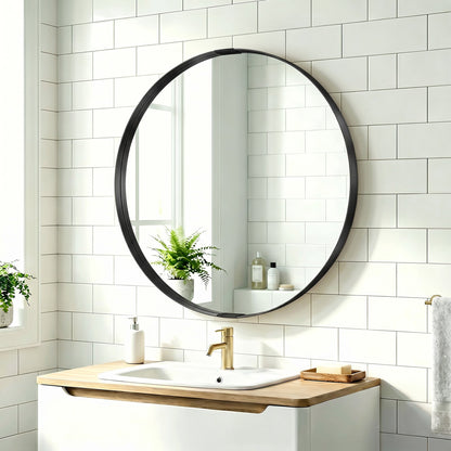 HOMCOM Round Wall Mirror 61 cm, Wall Mounted Bathroom Mirror with Tempered Safety Glass and Aluminium Alloy Frame, Black