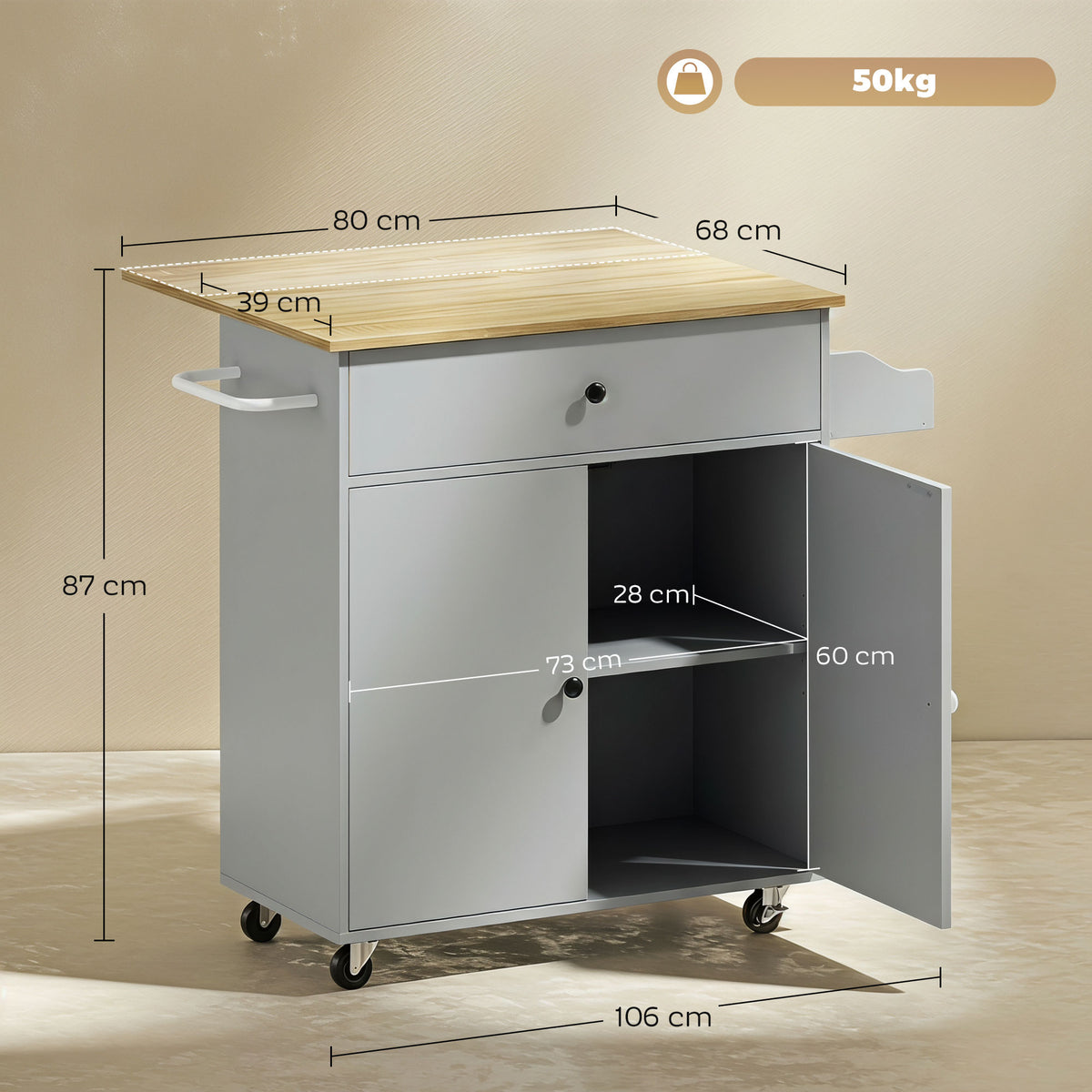 HOMCOM Kitchen Island with Drop Leaf in Grey