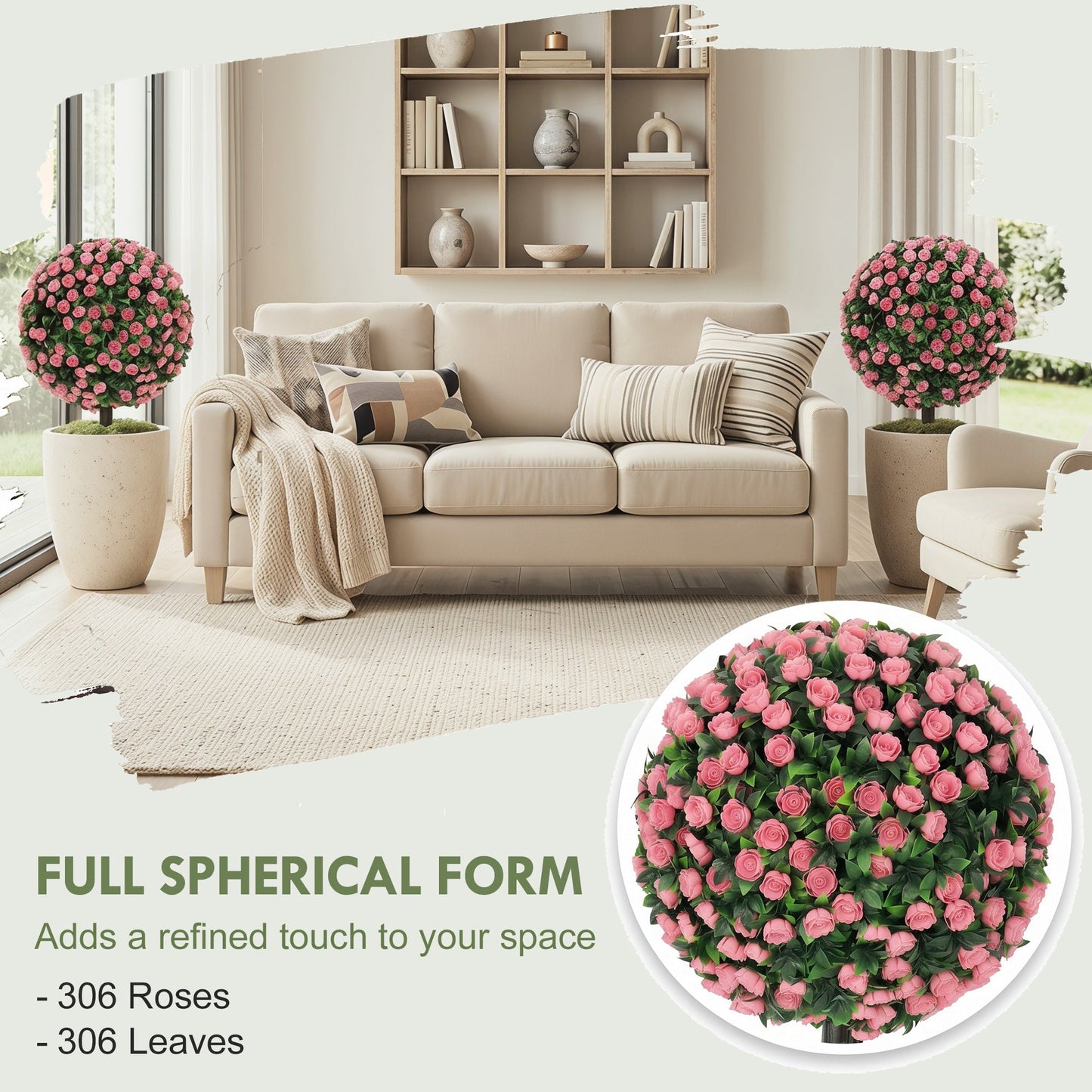 HOMCOM Artificial Rose Topiary UV Resistant, 2-Pack Fake Plants, 55 cm, Pink