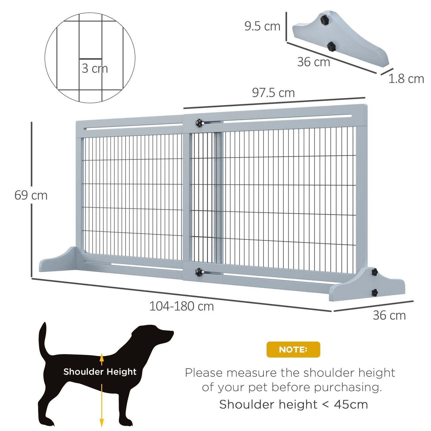 PawHut Freestanding Dog Gate, Foldable Pet Fence, Indoor Wood Barrier, Stair Gate with Support Feet, for Doorway, Hallway, Small and Medium Dogs, 69H x 104-180 cm, Blue-grey