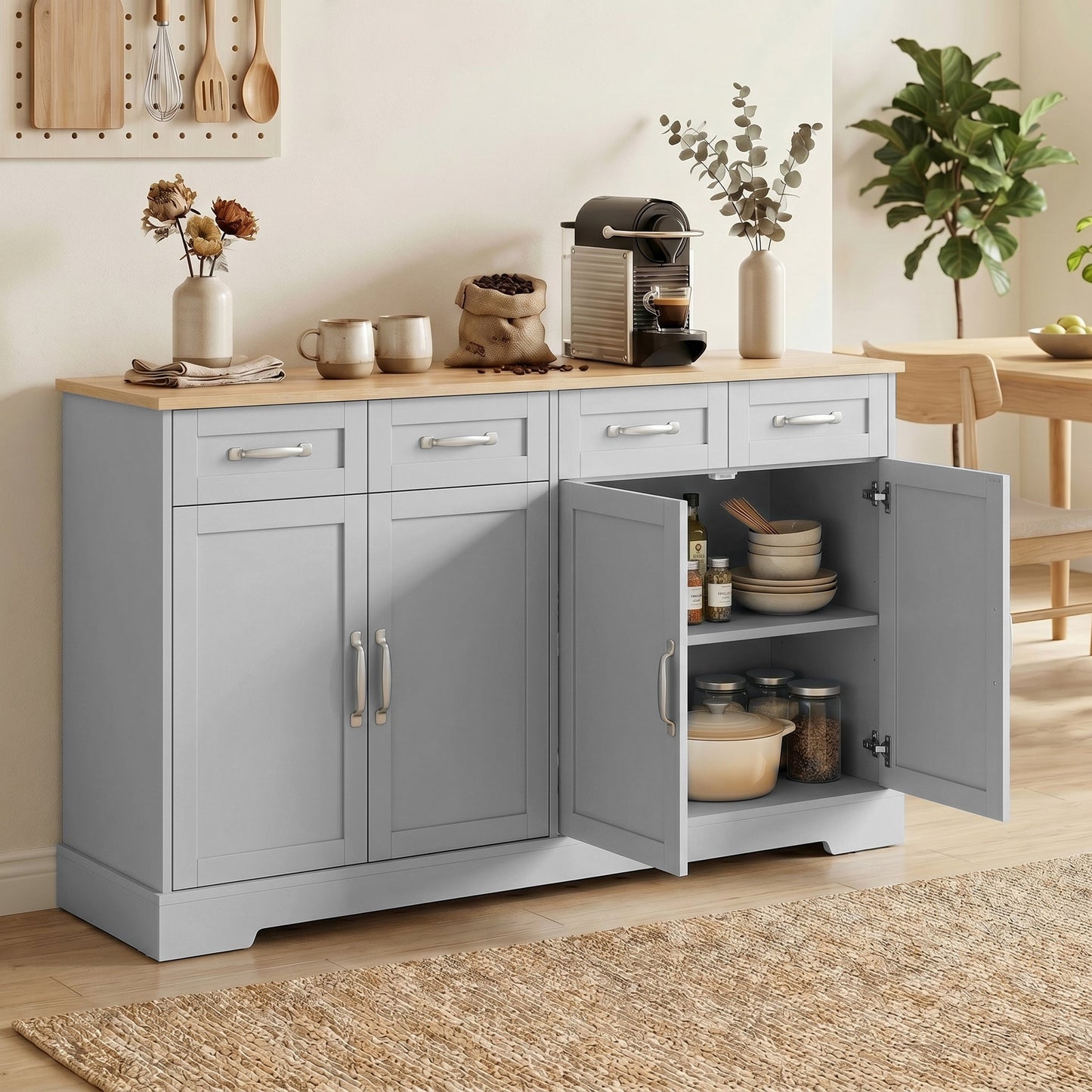 HOMCOM Sideboard Buffet Cabinet, 140 cm Kitchen Storage Cabinet with 4 Drawers, 4 Doors and 2 Adjustable Shelves, Grey